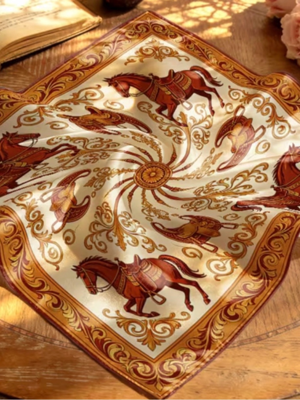 Equestrian Print Silk-Feel Scarf in Cream and Brown